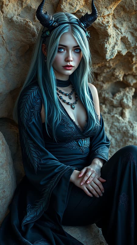 A young woman as a Greek priestess with streaked, two-tone hair resembling plant textures, appearing cold in the setting of the Nahal Me’arot Caves of Mount Carmel. She merges elements of Cyber Fairy Grunge, lounging and sitting on a lap with striking ice-blue eyes. Her ensemble features a gradient, elaborately detailed animal-themed black costume reminiscent of a one-piece character design, exhibiting iridescent qualities. Executed in the style of a highly detailed Artstation illustration or oil painting portrait, with a hint of weird color choices for a unique effect. The scene captures elements of mythical and modern aesthetics, focusing on intricate details while maintaining anatomical accuracy and harmonious proportions.