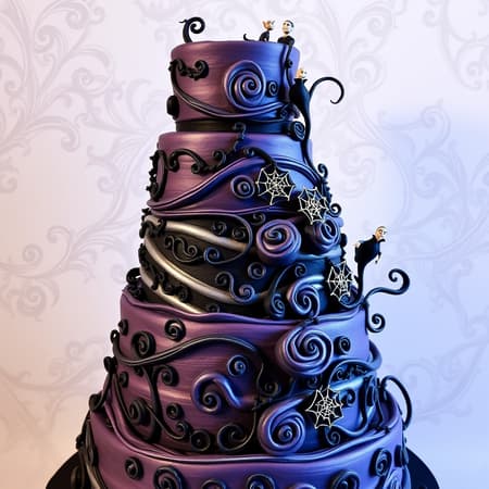 A whimsical, gothic-inspired wedding cake featuring towering tiers wrapped in swirling patterns, decorated with quirky, asymmetrical details and a palette of deep purples, blacks, and silvers, adorned with delicate cobweb icing and miniature sculpted figures reminiscent of a classic Tim Burton style, setting an enchanting and eerie atmosphere filled with playful imperfections.