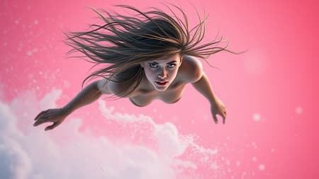 Windswept winter scene, au naturel figure with piercing grey eyes, captured in hyper-detailed digital art style, trending on ArtStation. Cinematic lighting and studio-quality finish with a smooth render reminiscent of Unreal Engine 5. The figure is in mid-flight, hair cascading in all directions against a stunning pink background, rendered with Octane. Artistic influences from Klimt, Nixeu, Ian Sprigger, WLOP, and Krenz Cushart create a fusion of elegance and fantasy.