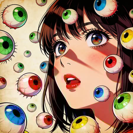 Anime style portrait of a young girl with wide, expressive eyes, surrounded by numerous floating, disembodied eyeballs of various colors (green, blue, red, yellow). The girl has dark brown hair, fair skin with a slight blush, and red lips, looking forward with a slight gasp. The lighting is dramatic, casting shadows across her face and highlighting the glossy texture of the eyeballs. The atmosphere is surreal and slightly unsettling. The color palette features vibrant, saturated hues for the irises against a muted, textured background, reminiscent of old paper. Detailed eyelashes and veins on the eyeballs are prominent. Intricate linework and bold outlines define the characters and objects.