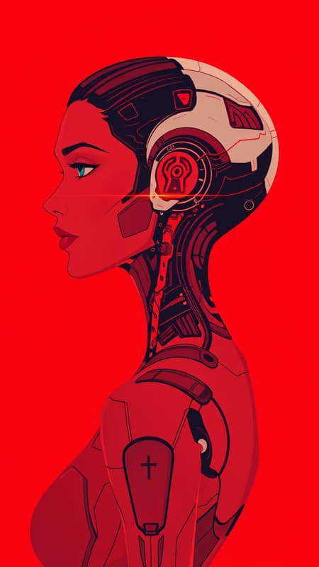 A stunning woman featuring robotic attributes with a closeup view of her face and neck, intricate circuitry etched into her skin, sleek lines, minimalistic details, with a cyberpunk flair, depicted in profile against a vibrant red background. The design exudes a futuristic aesthetic, rendered in a 2D flat style with a dominant palette of red tones, inspired by the digital art style of Studio Ghibli, maintaining an elegance and intrigue that captivates the viewer.