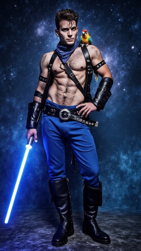 Sci-Fi, futuristic hero. Swashbuckler, space pirate, handsome intergalactic buccaneer. Masculine Caucasian male. Tall, muscular, sinewy, big muscled, perfect physique. Broad chest, wide shoulders and back, narrow waist, muscular thighs and legs. Hirsute hairy chest, arms and legs. Handsome masuline rugged face with lapis-blue eyes, strong brow, squared jaw. Soulpatch on otherwise hairless face. He has a warm, sexy smile. Short dark brown wavy fade hairstyle, close cut on sides and back, longer on top. Sapphire blue bandana with long ends tied around forehead.  Black leather harness with silver buckle strapped across his shirtless  hairy chest.  Black leather bracers with silver grommets on his muscular arms. A wide black leather belt with silver studs around his waist. Tight sapphire blue pants with silver grommets down the sides tucked into knee-high black leather bucket boots. An alien parrot with multi-colored glowing neon feathers sits on his shoulder. He weilds a brightly glowing violet-blue lightsaber while his spaceship fires up for his next adventure. Full body pose, looking dashing and handsome, a galaxy swirling in the background. {{{MASTERPIECE}}} 