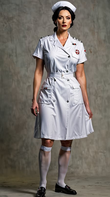 Dystopian future, Sci-Fi. Supervillain, nurse, bodyguard, Neo-Nazi? No one knows her actual age,  she seems to recall World War II like she was actually there, though that was the early part of the 20th century. She is a nurse from back in those times, though she's a member of the Neo-Nazi party of the future. There are robots and super-soldiers where she is now. 
She is a tall, full figured but muscular woman, practically a giant at 6 ft 7. Caucasian woman of German descent. She is a matronly middle aged woman in her late 50's- early 60's (or so she appears to be). Her eyes are pale grey and very alert. Her hair is black with a few gray streaks in them, she keeps it pulled back and in a bun so she can wear her nurse hat. She wears no make-up, which makes her look very plain and frumpy, though she may have been beautiful once. She wears a white nurses uniform with a white lab coat on top. White stockings with white nurses shoes. There are indications she might have been a soldier once; she has all the discipline and demeanor of someone that was in the military. She is also a great warrior, able to fight in any style and use any weapon. Her weapon of choice is a hypodermic needle filled with her choice of poison, acid or tranquilizer. She has been called the "nurse of death" , at least to those that weren't on her side. She is a very subtle Nazi, though she does occasionally wear a tiny gold swastika pin on her uniform. She is stoic and stiff, no time for nonsense or frivolity. Full body pose, probably holding her hypodermic needle... 