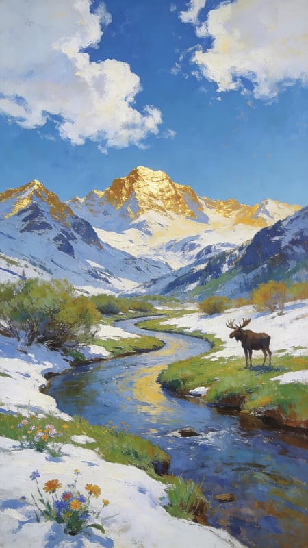 Oil painting, early spring mountain landscape, winding river, snow patches, vibrant green grass and bushes, distant snow-capped peaks, golden highlights on mountain tops, a lone moose on the right bank, clear blue sky with fluffy white clouds. Impressionistic brushstrokes, rich textures, bright and natural lighting, serene and majestic mood. Dominant colors: blues, greens, whites, and golden yellows. Vertical composition. Wildflowers blooming through the snow.