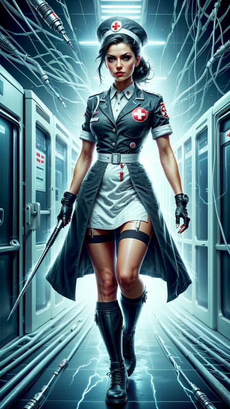Dystopian future, Sci-Fi. Supervillain, nurse, bodyguard, Neo-Nazi? No one knows her actual age, she seems to recall World War II like she was actually there, though that was the early part of the 20th century. She is a nurse from back in those times, though she's a member of the Neo-Nazi party of the future. There are robots and super-soldiers where she is now.
She is a tall, full figured but muscular and fit woman, practically a giant at 6 ft 7. Caucasian woman of German descent. She is a matronly middle aged woman in her mid to late 60's (or so she appears to be). Her eyes are pale grey and very alert. Her hair is black with a few gray streaks in them; she keeps it pulled back and in a bun so she can wear her nurse hat. She wears no make-up, which makes her look very plain and frumpy, though she may have been beautiful once. She wears a white nurses uniform with a white lab coat on top. White stockings with white nurses shoes. There are indications she might have been a soldier once; she has all the discipline and demeanor of someone that was in the military. She is also a great warrior, able to fight in any style and use any weapon. Her weapon of choice is a hypodermic needle filled with her choice of poison, acid or tranquilizer. She has been called the "nurse of death" , at least to those that weren't on her side. She is a very subtle Nazi, though she does occasionally wear a tiny gold swastika pin on her uniform. She is stoic and stiff, no time for nonsense or frivolity. Full body pose, probably holding her hypodermic needle... Dystopian future, Sci-Fi. Supervillain, nurse, bodyguard, Neo-Nazi? No one knows her actual age, she seems to recall World War II like she was actually there, though that was the early part of the 20th century. She is a nurse from back in those times, though she's a member of the Neo-Nazi party of the future. There are robots and super-soldiers where she is now.
She is a tall, full figured but muscular and fit woman, practically a giant at 6 ft 7. Caucasian woman of German descent. She is a matronly middle aged woman in her mid to late 60's (or so she appears to be). Her eyes are pale grey and very alert. Her hair is black with a few gray streaks in them; she keeps it pulled back and in a bun so she can wear her nurse hat. She wears no make-up, which makes her look very plain and frumpy, though she may have been beautiful once. She wears a white nurses uniform with a white lab coat on top. White stockings with white nurses shoes. There are indications she might have been a soldier once; she has all the discipline and demeanor of someone that was in the military. She is also a great warrior, able to fight in any style and use any weapon. Her weapon of choice is a hypodermic needle filled with her choice of poison, acid or tranquilizer. She has been called the "nurse of death" , at least to those that weren't on her side. She is a very subtle Nazi, though she does occasionally wear a tiny gold swastika pin on her uniform. She is stoic and stiff, no time for nonsense or frivolity. Full body pose, probably holding her hypodermic needle...