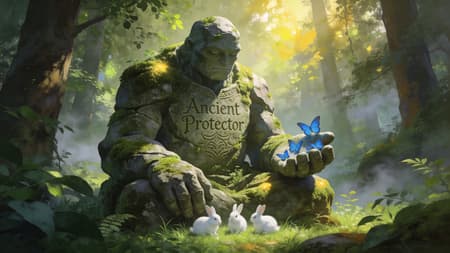 A majestic, moss-covered stone golem, ancient and weathered, seated peacefully in a sun-dappled forest. Its chest bears intricate, ancient script. On its large hand, several vibrant blue butterflies rest, while beneath its hand, three small, fluffy white rabbits nestle in the grass. The golem is surrounded by lush green foliage and towering trees, with soft, ethereal mist weaving through the background.

Art style: Digital painting, highly detailed, fantasy art.
Lighting: Warm, soft sunlight filters through the canopy, creating dappled light and shadow, with glowing highlights on the moss and a gentle, hazy glow in the distance.
Mood: Serene, mystical, tranquil, and slightly melancholic.
Colors: Dominant greens and earthy browns, accented by bright yellow-green highlights, deep forest shadows, and the striking blue of the butterflies.