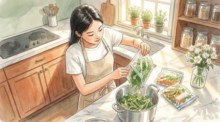 A young Asian woman, seen from above, standing in a sunlit kitchen, adding greens from a plastic bag into a stainless steel pot on a marble countertop. She wears a white t-shirt and a light beige apron. The kitchen features wooden cabinets, a stovetop, a sink, and shelves with glass jars filled with spices and ingredients. Potted plants adorn the window sill and counter. A vase of white flowers sits near the pot. Two clear bags of pre-cut vegetables are also on the counter. Watercolor art style, soft, warm lighting, bright and airy atmosphere. Muted, soft color palette with dominant greens, browns, and warm oranges. High angle, full shot.