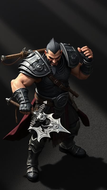 Brutal male warrior with a sinister grin in exquisitely detailed armor wielding a complex weapon, set against a shadowy battlefield backdrop, posing with intensity. The scene is emotionally charged with an epic composition, using dramatic shadows to enhance the mood. Styled for ArtStation trends with 3D rendering, cinematic lighting, and isometric perspective, created in Blender for an 8k resolution, perfect for a wallpaper. Includes VFX elements for a cinematic feel, maintaining the dark tones while excluding closeup portrait angles.
