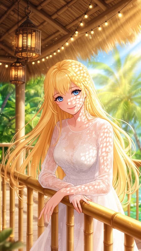 Anime style portrait of a beautiful blonde woman with long flowing hair and captivating blue eyes, wearing a sheer white lace dress, leaning on a bamboo railing. She is smiling softly, with delicate hands resting on the railing. The composition is a medium shot, with a tropical resort balcony in the background. Warm, sunny natural lighting filters through the thatched roof, casting dappled shadows and light rays. The atmosphere is serene and inviting. Bright, vibrant colors with golden hues and sparkling light effects. Intricate details include hanging lanterns, string lights, lush green foliage, and the patterned shadows on her face and dress.