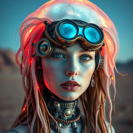 Ethereal cyborg woman, bioluminescent jellyfish headdress. Steampunk goggles blend with translucent tentacles. Cracked porcelain skin meets iridescent scales. Mechanical implants and delicate tendrils intertwine. Human features with otherworldly glow. Dreamy aquatic hues contrast weathered metal. Reflective eyes capture unseen worlds. Soft bioluminescence meets harsh desert backdrop. Fusion of organic and synthetic, ancient and futuristic. Hyper-detailed textures, surreal atmosphere.