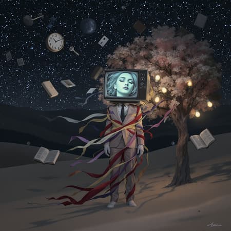 A dreamy landscape under a starry sky where a figure stands with a vintage television as its head, the screen displaying a serene and introspective version of the man's own face. The figure is adorned in a suit made of twisting, multicolored ribbons that seem to flutter in an invisible breeze. Surrounding him, floating objects like clocks, keys, and books orbit in slow motion, casting soft, elongated shadows on the ground, while a nearby tree grows light bulbs as fruits, glowing gently to illuminate the scene.