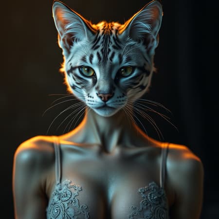 Portrait of a hybrid feline woman, wearing elegant lingerie, illuminated by gentle illumination, hyperrealistic detail, intricate patterns, 8k resolution, ethereal and enchanting atmosphere. Portrait of a hybrid feline woman, wearing elegant lingerie, illuminated by gentle illumination, hyperrealistic detail, intricate patterns, 8k resolution, ethereal and enchanting atmosphere.