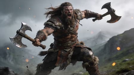 A fierce Viking warrior, mid-swing with a double-bladed battle axe, dynamic pose, full-body shot, photorealistic, cinematic lighting. He has long, wild brown hair and a thick beard, a powerful, muscular physique, wearing intricate leather and metal armor with fur accents. His face is contorted in a primal scream, veins bulging, with subtle blood splatters. The background is a misty, overcast mountain landscape with soft, diffused light. The atmosphere is intense and dramatic, with a cool color palette of greys, browns, and muted greens. Subtle glowing particles or embers float in the air, adding to the gritty, fantasy feel. Strong sense of motion and raw power.
