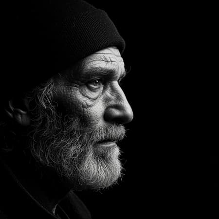A high-resolution image capturing the side profile of a weary, elderly homeless man, rendered in striking black and white through the lens of a Mamiya camera. The backdrop is a deep, shadowy black, emphasizing the intricate details of his face. His expression is a profound tableau of wisdom, life’s trials, and a touch of madness intertwined with sorrow. The lines and textures on his face tell stories of deception and endurance, reflecting a lifetime's worth of experiences and emotions.