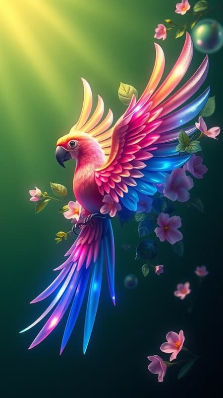AI Abstract Shape Design A vibrant abstract 3D shape resembling a parrot soars through the air, its wings elegantly intertwined with lush foliage and blooming flowers. The whole scene emanates a gentle luminosity, casting a mesmerizing glow against a rich green background, while hints of iridescent feathers shimmer in the light.