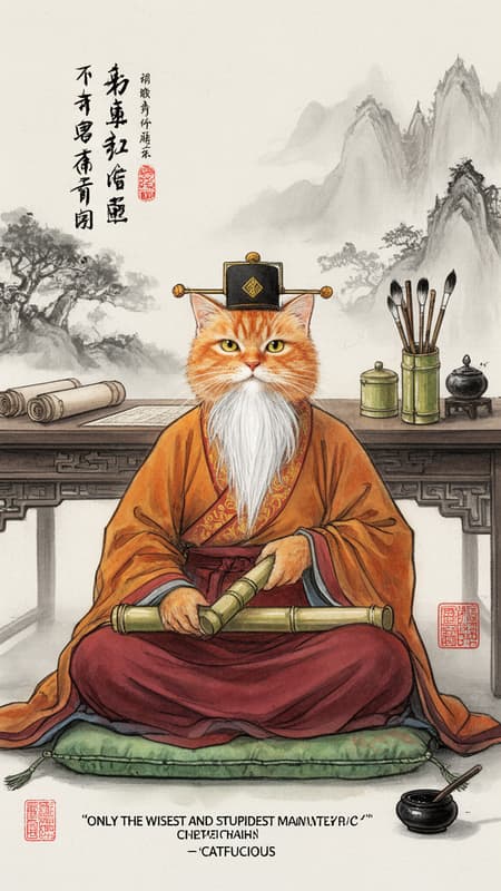 Ink wash painting of an anthropomorphic ginger cat, resembling a wise old man with a long white beard, wearing traditional Chinese scholar robes and a magistrate's hat. The cat sits cross-legged on a cushion, holding a bamboo scroll. The setting is a traditional Chinese study with a wooden desk, scrolls, brushes in a bamboo holder, and an inkwell. The background features subtle ink wash depictions of mountains and trees. The art style is a blend of traditional Chinese painting and detailed digital illustration. The lighting is soft and natural, creating a calm and contemplative mood. Dominant colors are earthy tones, warm oranges, deep reds, and greens, with touches of gold. Calligraphy text in Chinese and English, including the quote "ONLY THE WISEST AND STUPIDEST MAN NEVER CHANGE" by "CATFUCIOUS," is integrated into the composition, along with decorative red seals.