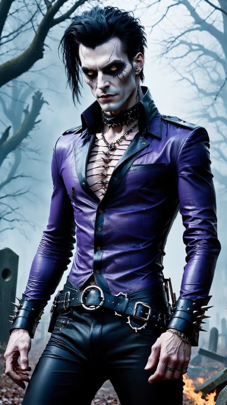 Goth Punk visits Hammer Horror films. Dark, creepy, Goth, sado-masochism. He can turn invisible and follow people around. He also has the ability to enter their minds and scare them to death. He can also siphon off little bits of life force and energy from his victims---most of the time he kills them. 
A young Caucasian man in his 20s, his skin is chalk white, he's becoming more undead as time goes by. He has dark circles around his eyes, but he also wears Goth makeup.  Very tall, thin, lithe but strong, sinewy. Emo style hair, shaved on the sides and back, long on top and falls over one eye-- the top is dyed eggplant purple. Strong brow and jaw, masculine and handsome, though he does have a slight resemblance to Frankenstein's monster--- he takes pride in that. His eyes are grey and intense, like he's staring into your soul. Because he is tall, he has very big hands with long fingers. He wears the latest in Goth fashion: black leather choker collar with spikes,  sheer black see-thru form fitting long sleeved shirt, o-ring black leather harness, black leather bracers with spikes on his arms, dark Violet leather jeans, heavy black leather engineer boots. Full body pose, hanging out in a graveyard or dark Goth Punk club. 