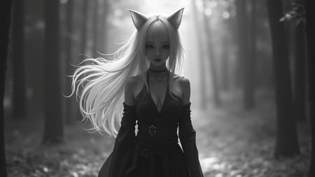 An Asian girl with Sith lord energy stands in a dynamic pose, her striking white hair and playful cat ears adding to her enigmatic presence. The scene is hyperdetailed, capturing a grayscale masterpiece in stunning 8k resolution. An immersive background enhances the depth of field, enveloping her in a monochrome world that feels both intense and serene. Inspired by Sith mystique and a touch of feline agility, this composition avoids negative anatomical elements and embraces a flawless visual experience. The artistry shines through in its effortless blend of shadow and light, creating a captivating and immersive depiction.