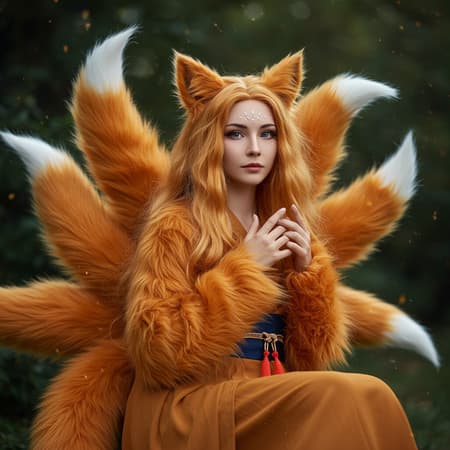 Fluffy nine-tailed fox girl with exquisite features, inspired by the style of Wlop and Guweiz, hyper-realistic photography, capturing a lifelike essence, professional 8k resolution, enveloped in soft natural lighting that highlights her ethereal beauty, with gentle modifications to her attire and surroundings to enhance a mythical and enchanting atmosphere.