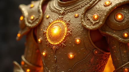 Divine armor forged from celestial gold, a radiant shield against the shadows of evil, adorned with shimmering black diamonds that reflect the eternal struggle between light and darkness.