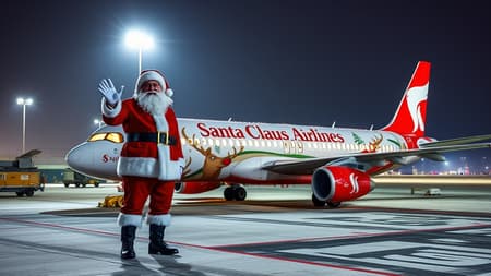 At the bustling airport, the Santa Claus Airlines Airbus A320 gleams with festive Christmas decorations, its exterior adorned with twinkling fairy lights and cheerful holiday motifs. On the tarmac, Santa Claus stands joyfully, waving as he prepares to welcome passengers, his iconic red suit contrasting against the snowy backdrop. The plane itself is a spectacle, with reindeer art painted along the fuselage, and a crimson nose reminiscent of Rudolph’s glowing brightly at the cockpit. Inside, the cabin exudes a warm holiday spirit, with garlands lining the overhead bins and a faint scent of cinnamon in the air. As passengers board, they're greeted by elves handing out candy canes and holiday treats, ensuring the journey feels as magical as a sleigh ride through the wintry night sky.
