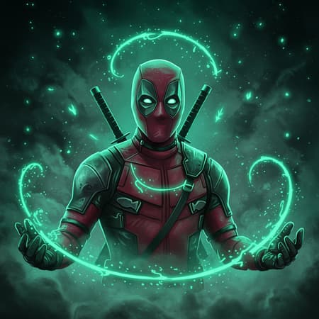 Mystical Deadpool conjurer of arcane forces, enveloped in shadowy haze, depicted in the quirky essence of Craig McCracken style, luminous and faceted, ultra-realistic, bathed in shades of emerald. Mystical Deadpool conjurer of arcane forces, enveloped in shadowy haze, depicted in the quirky essence of Craig McCracken style, luminous and faceted, ultra-realistic, bathed in shades of emerald.