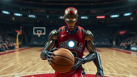 Marvel's Ironman takes center stage on the basketball court, decked out in a Chicago Bulls uniform, the iconic red and black jersey clinging to his metallic suit. The scene unfolds with the fidelity of Xbox 360 graphics, blending surreal realism and emotive nuances in an eerily lifelike depiction. The court's polished wood gleams under the arena lights as Ironman dribbles a basketball, his focus evident in his mechanical yet expressive eyes. The Chicago skyline looms subtly in the background, adding depth and context to this captivating moment of athletic prowess and superhero charm.