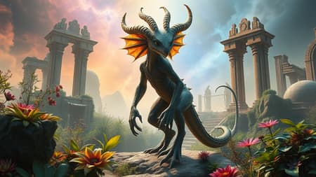 Body Portrait Fantasy Art A full body portrait of an enchanting fantasy creature, captured in stunning, glossy professional photography, a masterpiece akin to an unreal engine rendering, exquisitely detailed. Set on a mesmerizing fantasy planet, this dream-like vision evokes the styles of Jean Ansell, Justin Gerard, and Greg Rutkowski. Bathed in dynamic lighting, the scene is rich with a variety of plants, vibrant fauna, and intricate flora, creating a cinematic atmosphere. The backdrop features ancient, weathered ruins draped in colored nebulas, adding an ethereal misty quality. A touch of the fantastical enhances the setting, blending the surreal with whispers of antiquity, creating a vivid tapestry of wonder and magic.