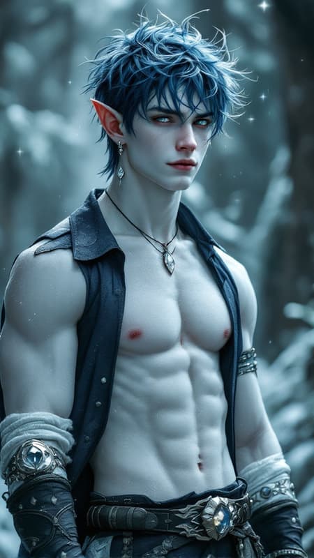 Faerie and Fantasy, The Dreaming. Elf. Moon Elf, pale white elf. Hypermasculine male. Short, stocky, wide shouldered, broad chested, narrow waist, sinewy, well defined. Strong, muscular. Pale white skin the color of snow, dusted in glittery moondust. Short length dark indigo-blue hair, short on sides and spiky on top. {{{SHORT HAIR, INDIGO BLUE HAIR}}}. Sparkling silver eyes, playful and cheery. Handsome masculine face, strong brow and chin, cleft in chin. Indigo-Blue soul-patch on face. Elf ears. His skin is dusted in silvery glitter. Silver talisman with crystal quartz pendant around his neck. Navy blue sleeveless shirt unbuttoned to navel, revealing his chest. Silver arm bands above his biceps, silver earring in left ear, along with silver ear cuffs. Black leather fingerless gloves, black leather bracers on arms. Black leather belt around waist, silver and sapphire belt buckle. Navy blue rangers pants/tights, form fitting and smooth over powerful legs and bulge in groin. Soft gray boots, knee-high and slouchy/supple bucket boots. He holds a golden magical bow. He has a soft, silvery aura under moonlight, signifying elven magic. Full body pose, he is the archer, the Dream Archer. Faerie and Fantasy, The Dreaming. Elf. Moon Elf, pale white elf. Hypermasculine male. Short, stocky, wide shouldered, broad chested, narrow waist, sinewy, well defined. Strong, muscular. Pale white skin the color of snow, dusted in glittery moondust. Short length dark indigo-blue hair, short on sides and spiky on top. {{{SHORT HAIR, INDIGO BLUE HAIR}}}. Sparkling silver eyes, playful and cheery. Handsome masculine face, strong brow and chin, cleft in chin. Indigo-Blue soul-patch on face. Elf ears. His skin is dusted in silvery glitter. Silver talisman with crystal quartz pendant around his neck. Navy blue sleeveless shirt unbuttoned to navel, revealing his chest. Silver arm bands above his biceps, silver earring in left ear, along with silver ear cuffs. Black leather fingerless gloves, black leather bracers on arms. Black leather belt around waist, silver and sapphire belt buckle. Navy blue rangers pants/tights, form fitting and smooth over powerful legs and bulge in groin. Soft gray boots, knee-high and slouchy/supple bucket boots. He holds a golden magical bow. He has a soft, silvery aura under moonlight, signifying elven magic. Full body pose, he is the archer, the Dream Archer.