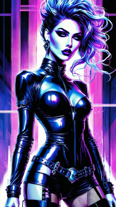 A living hologram. Alien Punk/New Wave rock star. She sparkles and glitters as light passes through her. Feminine female, Caucasian. Tall, strong, beautiful, ethereal yet edgy. Medium shoulder-length hair, dark Violet with periwinkle and lilac highlights, swept back on one side and widly spiky and curly, falling over one eye on the other side. Beautiful model face, high cheekbones, silver/grey eyes with plenty mascara and eyeliner, different shades of shimmering eyeshadow on each eye. Crystal spear earrings in each ear. Shimmering violet lipstick. Metallic dark blue long sleeved shirt, form fitting with zippers extending from shoulders. Shiny black shoulder pads, black leather bracers on arms. Black studded leather belt around her waist, glowing Violet circle as the belt buckle. Metalluc dark blue miniskirt, black fishnet stockings. Stilleto knee-high boots, metallic dark blue. She carries and plays a synth-guitar, you can see the sound waves from it and her voice. Full body pose. A living hologram. Alien Punk/New Wave rock star. She sparkles and glitters as light passes through her. Feminine female, Caucasian. Tall, strong, beautiful, ethereal yet edgy. Medium shoulder-length hair, dark Violet with periwinkle and lilac highlights, swept back on one side and widly spiky and curly, falling over one eye on the other side. Beautiful model face, high cheekbones, silver/grey eyes with plenty mascara and eyeliner, different shades of shimmering eyeshadow on each eye. Crystal spear earrings in each ear. Shimmering violet lipstick. Metallic dark blue long sleeved shirt, form fitting with zippers extending from shoulders. Shiny black shoulder pads, black leather bracers on arms. Black studded leather belt around her waist, glowing Violet circle as the belt buckle. Metalluc dark blue miniskirt, black fishnet stockings. Stilleto knee-high boots, metallic dark blue. She carries and plays a synth-guitar, you can see the sound waves from it and her voice. Full body pose.