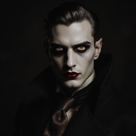 A portrait of an elegant and handsome, bohemian vampire with dark, mysterious features. He is a muscular man with a highly detailed face that captures both allure and intensity. His perfect eyes, with round pupils, draw you in with their depth. Anatomically correct proportions enhance his otherworldly charm. Dramatic lighting casts intriguing shadows, highlighting the soft details of his complexion, rendered in stunning HDR quality. Inspired by the works of Edmund Blair Leighton, Brom, and Charlie Bowater, with facial details reminiscent of Tom Bagshaw and Sargent. The image is in high resolution, showcasing every nuance and expression in 4k and 8k HD, capturing the essence of timeless elegance and enigmatic beauty.