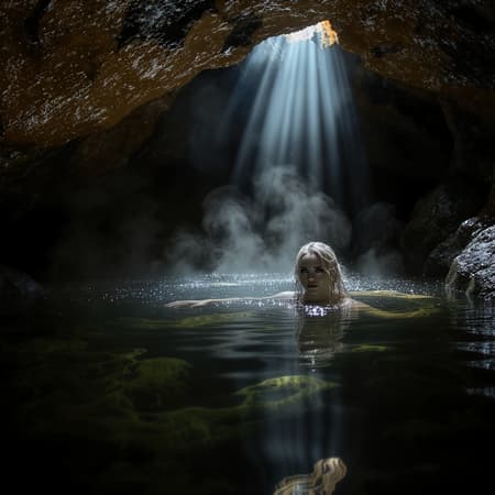In the heart of a dim cave, a warm hot spring shimmers as steam dances above the water's surface; a woman with long, wet blonde hair floats gracefully, her piercing gaze meeting yours. Rays of sunlight trickle through a fissure in the cave ceiling, casting shimmering patterns on the water and highlighting her silhouette with an ethereal glow.