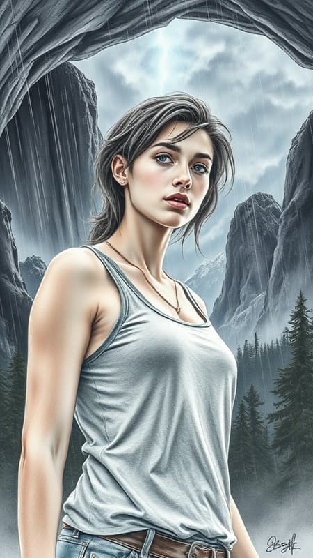 Sketch of a stunning colored pencil line art featuring a captivating female traveler in a tank top, one shoulder exposed, embodying the spirit of adventure amidst a dramatic natural backdrop. She stands resiliently in a breathtaking landscape of towering mountains, dense forests, and a shadowy cave. Heavy rain cascades around her, with a watery sky illuminated by the flash of thunder, reflecting on her wet face like an emotional symphony. The composition is extraordinary, with immaculate detail and beautiful rendering, reminiscent of trending pieces on ArtStation. This 8k fine art photography embraces realistic conceptual art with perfect natural volumetric cinematography, showcasing soft light and shadows. The scene is a masterpiece, akin to the works of Raphael, Caravaggio, Greg Rutkowski, Bepl Beksinski, and elements of Giger, artistically depicted in oil on canvas, with a touch of creative innovation while preserving the core essence.