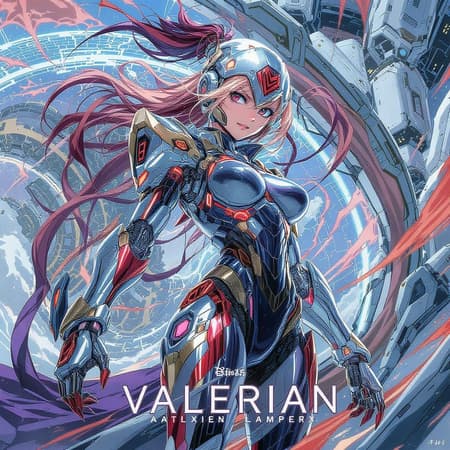 Armored astronaut heroine full length portrait| battlemech in comic book style| exquisitely detailed fanart| vibrant full color manga aesthetics| anime key visual artistry| inspired by Valerian nartfixer universe| Nfixer fusion elements.