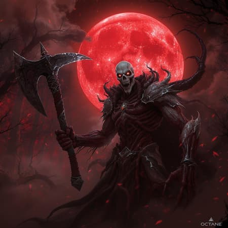 Horror, intricately detailed figure of a sinister necromancer holding a massive axe, his face eerily reminiscent of Jack the Ripper, set against a haunting blood moon. Volumetric fog envelops a foreboding red forest in the background. Rendered in hyperrealism with ultra-realistic and cinematic lighting, creating a stunning, wide-angle scene. The necromancer's form is subtly deformed, featuring mutated elements like extra arms and fingers, with poorly drawn, disfigured hands. This 3D CGI creation, akin to a doll, utilizes octane rendering, evoking a blend of bizarre and awe-inspiring visuals amidst a breathtaking, hyper-detailed environment with a slightly fuzzy, blurry aesthetic, accentuating the unreal.