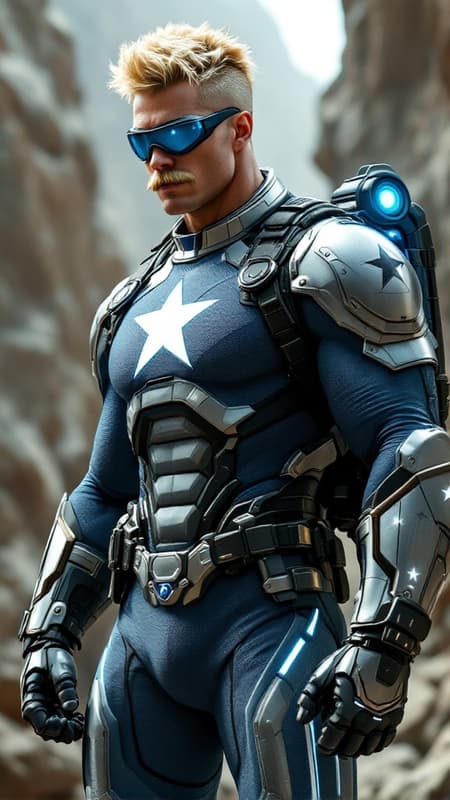 Sci-Fi futuristic tech meets the American soldier. Super-hero. Hypermasculine Caucasian male, tall, strong, muscular, sinewy, broad chest and back, narrow waist, big arms and powerful legs. Bodybuilder. Sandy-blonde hair, faux-hawk close on the sides and spiky on top. Strong brow and jaw, handsome face, blue-grey eyes usually covered by sapphire blue solar shields/goggles. Blonde chevron mustache on his face. Air Force blue spandex outfit; long sleeved mesh shirt with white cut-out star on the chest. Silver shield-shaped shoulder pads with black trim on shoulders, metallic power/energy gloves with the same style. Spandex pants stretched over muscular legs and a bulging groin, white stripes and stars down the sides of his thighs. Metallic black knee-high boots with same white stripes and stars across the tops. He carries a round holographic energy shield that can expand to protect him and others. A futuristic jetpack in blue, silver and black strapped across his back to help him fly. Full body pose, him flying through the skies. 