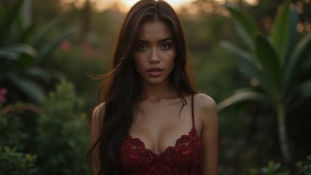 Amateur fashion photoshoot set in an otherworldly botanical garden at dusk, featuring a stunning Indonesian woman with captivating features. She poses with flair and confidence, her expression sultry with a partially open mouth conveying excitement and allure. She dons a passionate, intricately detailed dress that clings to her form, adding texture and depth to the shot. The scene is captured with a cinematic touch, evoking the classic feel of 35mm film in ultra-high definition, 8k quality. The ethereal setting and enchanting subject combine to create a striking image full of mystery and beauty.