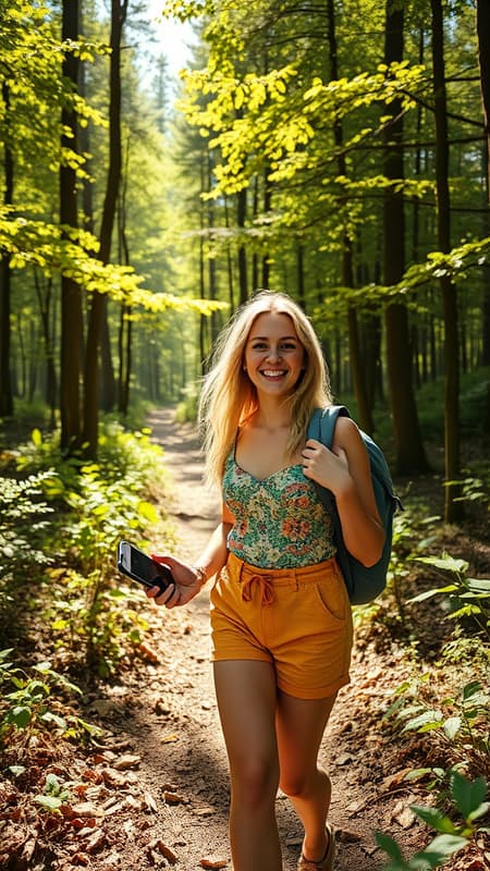 A real photo capturing a blonde Instagram influencer enjoying a lively hike through sun-dappled woods on a warm, cheerful day, her expression radiates joy and adventure. The sunlight filters through the leaves, casting playful patterns on the forest floor, highlighting her vibrant outfit and enhancing her captivating presence amidst the natural beauty. Her phone in hand, she documents the enchanting scenery, encapsulating the essence of a perfect day outdoors.