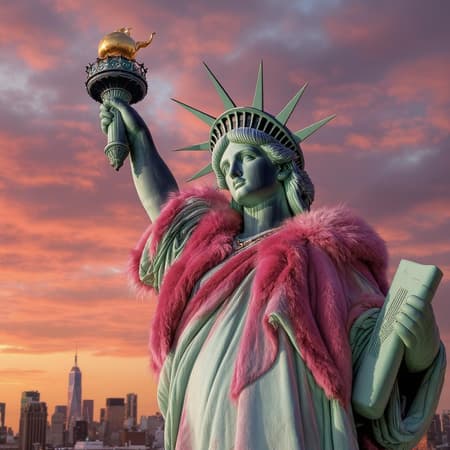 A majestic Statue of Liberty adorned with a luxurious pink velvety fur coat, captured in stunning 8k resolution, showcasing hyperrealistic details with professional commercial photography standards, intricate textures and lighting, strikingly detailed, expertly color graded, set against a dramatic sunset backdrop with the skyline visible, the mood is both iconic and avant-garde, emphasizing ultra-realism and artistic elegance, conveying a blend of tradition and modern fashion sensibility, --ratio 4:5.