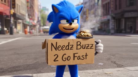 Blue Hedgehog Begging On City Street Sanic on the street with a coffe mug filled with coins, a piece cardboard says "Needz Buzz 2 Go Fast"
