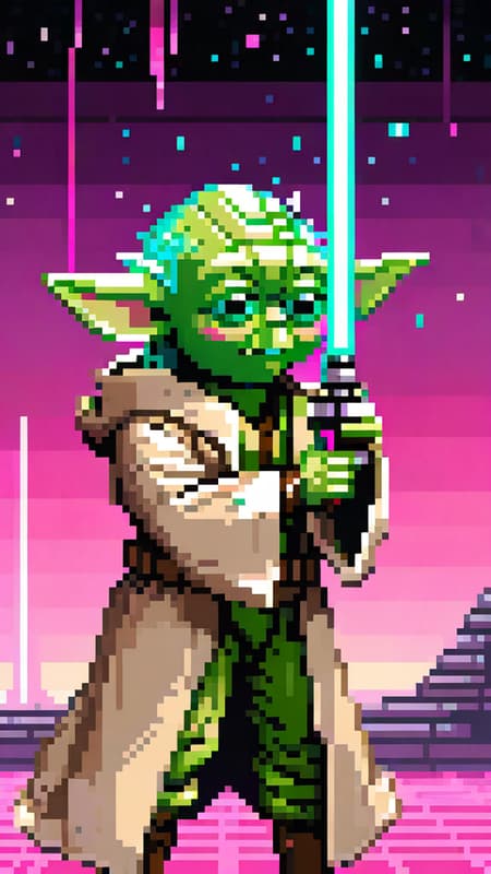 (yoda), (pixel art), detailed, torso, gloves, mask, goggles, action pose, trench coat, pink, surreal, strange, (full body photo), vaporwave neon theme, star wars, portrait, (upper body, looking away:1.1), stars
