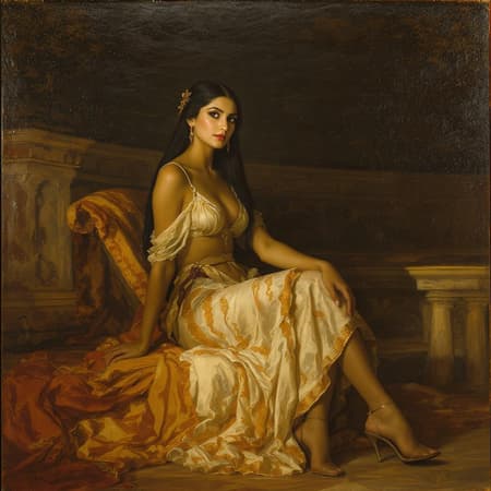 A professional majestic impressionism oil painting inspired by the works of Waterhouse, John Constable, and Greg Manchess, featuring the most beautiful woman in the world seated gracefully in a Greek amphitheatre. She is adorned in historical clothing, her long, straight black hair parted in the middle and cascading with delicate elegance. Her eyes are reflective and expertly focused, showcasing an air of quiet confidence. Rim lighting and chiaroscuro techniques enhance the dramatic lighting around her, highlighting her form and adding depth to the scene. The woman's pose exudes grace and strength, her legs and thighs elegantly positioned, with a hint of modernity introduced through her tank top and high heels. This intricate and high-detail work of art evokes inspiration from impressionism, with influences from Atey Ghailan and Antonio Moro, and is a trending masterpiece on ArtStation and CGSociety.