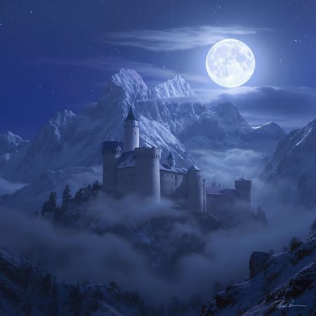 Snow-covered peaks rise in the background, their summits concealed by wisps of clouds. The mountains exhibit a profound blue hue, interspersed with whispers of purple and grey that dance with the shifting light. They seem to extend endlessly, offering a profound sense of depth that captivates the viewer. A gentle and ethereal glow envelops the scene, as the full moon bathes everything in a silvery sheen. This moonlight enhances the delicate textures of the ancient castle and the landscape it commands, adding layers of depth and dimension. Deep shadows cast throughout are tinged with blue and purple, contributing to the overall aura of mystery and fascination. The scene is one of stunning beauty and wonder, where the regal castle and magnificent natural backdrop merge to evoke a feeling of awe and enchantment. Snow-covered peaks rise in the background, their summits concealed by wisps of clouds. The mountains exhibit a profound blue hue, interspersed with whispers of purple and grey that dance with the shifting light. They seem to extend endlessly, offering a profound sense of depth that captivates the viewer. A gentle and ethereal glow envelops the scene, as the full moon bathes everything in a silvery sheen. This moonlight enhances the delicate textures of the ancient castle and the landscape it commands, adding layers of depth and dimension. Deep shadows cast throughout are tinged with blue and purple, contributing to the overall aura of mystery and fascination. The scene is one of stunning beauty and wonder, where the regal castle and magnificent natural backdrop merge to evoke a feeling of awe and enchantment.