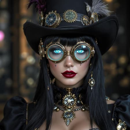 A mesmerizing steampunk princess with porcelain skin and raven-black hair is captured in an intimate facial close-up. Her piercing eyes are framed by intricate goggles, shimmering with vibrant hues of electric blue. She wears an elegant black dress adorned with brass and clockwork embellishments, and a matching hat with intricate lace and gears. The scene is richly detailed, showcasing the vivid textures and dynamic contrasts in UHD, HDR, 8K, capturing every nuance in extraordinary clarity and vibrancy.