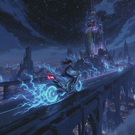 A girl clad in a sleek, tight-fitting sci-fi jumpsuit speeds across a towering bridge on a futuristic motorcycle, with the ruins of a colossal sci-fi city stretching out behind her, dotted with decaying skyscrapers under a starry night sky. The setting is resonant of Akira and Tsutomu Nihei's worlds with hints of ABARA's gigantism. The scene's manga-like graphics capture a dark, moody ambiance with a futuristic twist. Her neon-lit motorcycle stands out with vibrant blue energy plumes and pulsating neon accents, casting cool blue tones around her. This high-quality, ultra-detailed anime-style artwork resembles a first-person view, accentuating a sense of immersion in this expansive multi-story space. The composition is defined by dark exposure, and the entire imagery rings with an ethereal yet gritty feel, perfectly encapsulated in 8K, Full-HD resolution.