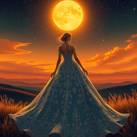 Golden sunsets cast a warm glow as silent stars twinkle in the serene night sky, offering a peaceful embrace to the world below. An elegant dress, centered in the composition, captivates with its stunning visual impact. The design is intricate, with highly detailed elements that highlight its breathtaking beauty. Precise lineart and vibrant colors come together to create a comprehensive cinematic experience. Inspired by the style of Anna Dittman, the artwork features a full-body depiction in a dynamic pose, showcasing the best quality in 8k resolution with ultra-sharp focus. The scene is free from distractions, embodying graceful proportions and a harmonious balance, where every element is meticulously crafted to avoid any anomalies or imperfections.