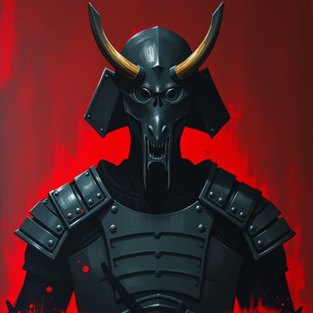 A shadowy, formidable figure stands against a vivid red backdrop, partly concealed by shadows. Clad in armor with samurai-like influences, the armor reveals segmented plates along the shoulders and upper arms. The most striking element is a grotesque mask adorned with small horns or protrusions, featuring hollow eye sockets that lend the figure an eerie, demonic aura. Contrasting sharply with the red background, the mask and armor are painted in deep grays and blacks. The scene exudes menace and mystery, with the artwork likely done in acrylic or gouache on paper or board, showcasing visible brushstrokes and texture—particularly in the red background. The dark, dramatic lighting highlights the figure against the bold red, while the close-cropped composition focuses on the upper body, amplifying the sense of an imposing presence.