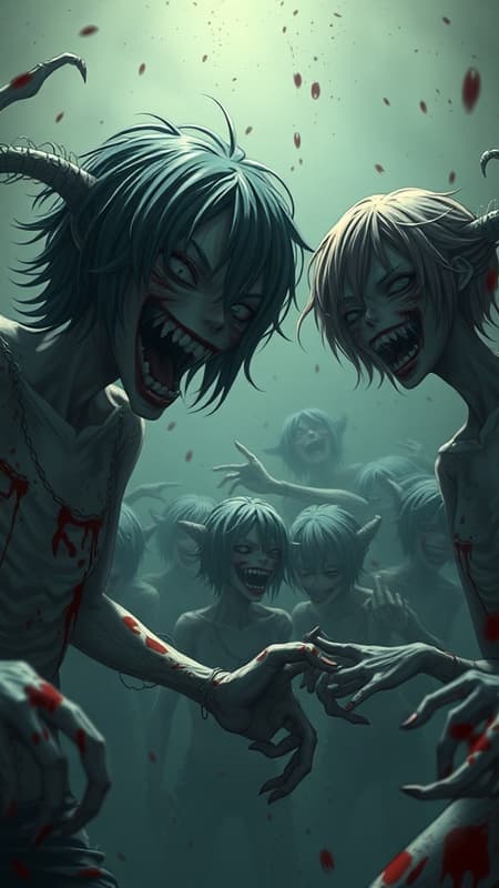 horror scene, eerie atmosphere, blood splatter, unsettling yandere smile, chilling evil laugh, ultra highres detail, 8k resolution, raw photo quality, hyperrealistic depiction, cinematic photography, intricate illustration, malformed figures, twisted bodies, grotesque features, additional limbs, dual heads, eerie crowd, sinister group presence.
