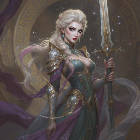 Elsa-inspired fantasy character, immersed in a Dungeons & Dragons universe, showcasing intricate and elegant details, a digital painting resembling art found on ArtStation and influences from Hearthstone. Concept art in a matte finish, with sharp focus, drawing inspiration from the styles of Artgerm, Greg Rutkowski, and Alphonse Mucha. The scene is rich in detail and captured in HDR 4k and 8k, blending high fantasy elements with subtle creative modifications to maintain the core essence of elegance and complexity.