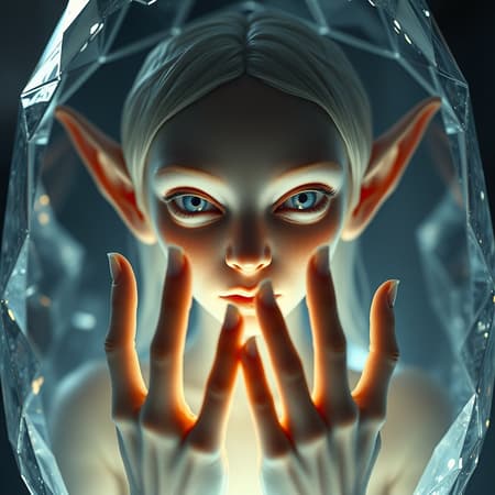 Elf Encased Immaculate Art Elf encased in crystal, immaculate detail, breathtaking volumetric lighting, stunning and graceful composition, finely detailed, rendered in the style of a midjourney masterpiece, capturing the essence of an Artstation trending piece, akin to an award-winning photograph, rendered in 8k UHD HDR, showcasing the ethereal beauty. The elf's face reflects duplication and subtle mutation, featuring an elongated neck and expressive, nearly crossed eyes. Fingers appear slightly extended, creating an effect of surreal, enchanted mutation in the hands. The background remains a soft blur, giving a sense of otherworldly focus. Avoids any low-res qualities, watermarks, or unintended artifacts, perfectly contained within the frame.